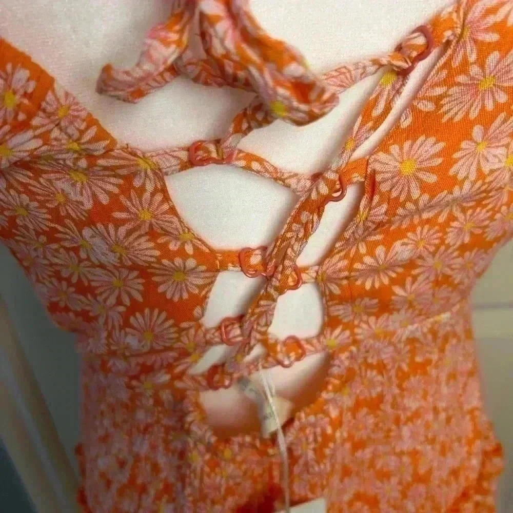 🧡”Sim & Sam” NWT Orange/White/Pink Daisy Print Dress w/ Laced Back Detail Sz S - Picture 7 of 9